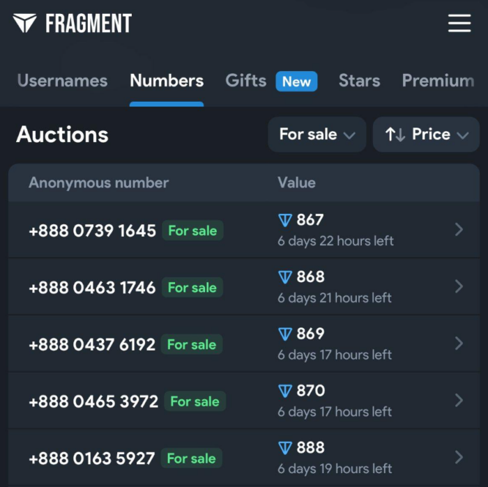 Анонимный номер +888 на Fragment