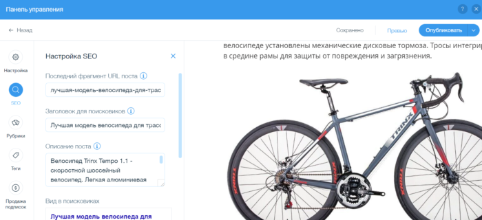 SEO-настройка поста и выбор рубрики